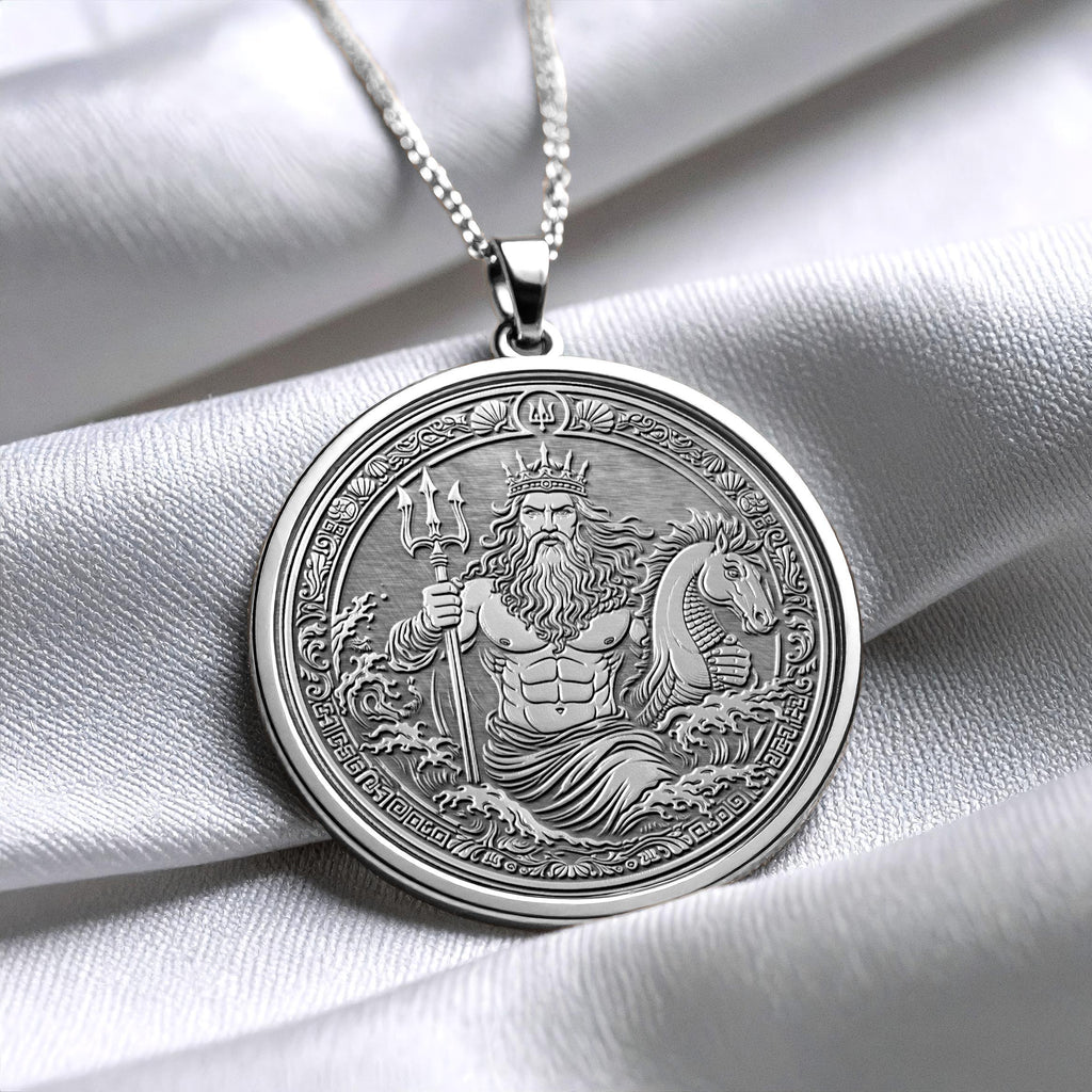 14K Solid Gold Poseidon Medallion Necklace: Greek God Ocean Talisman -59