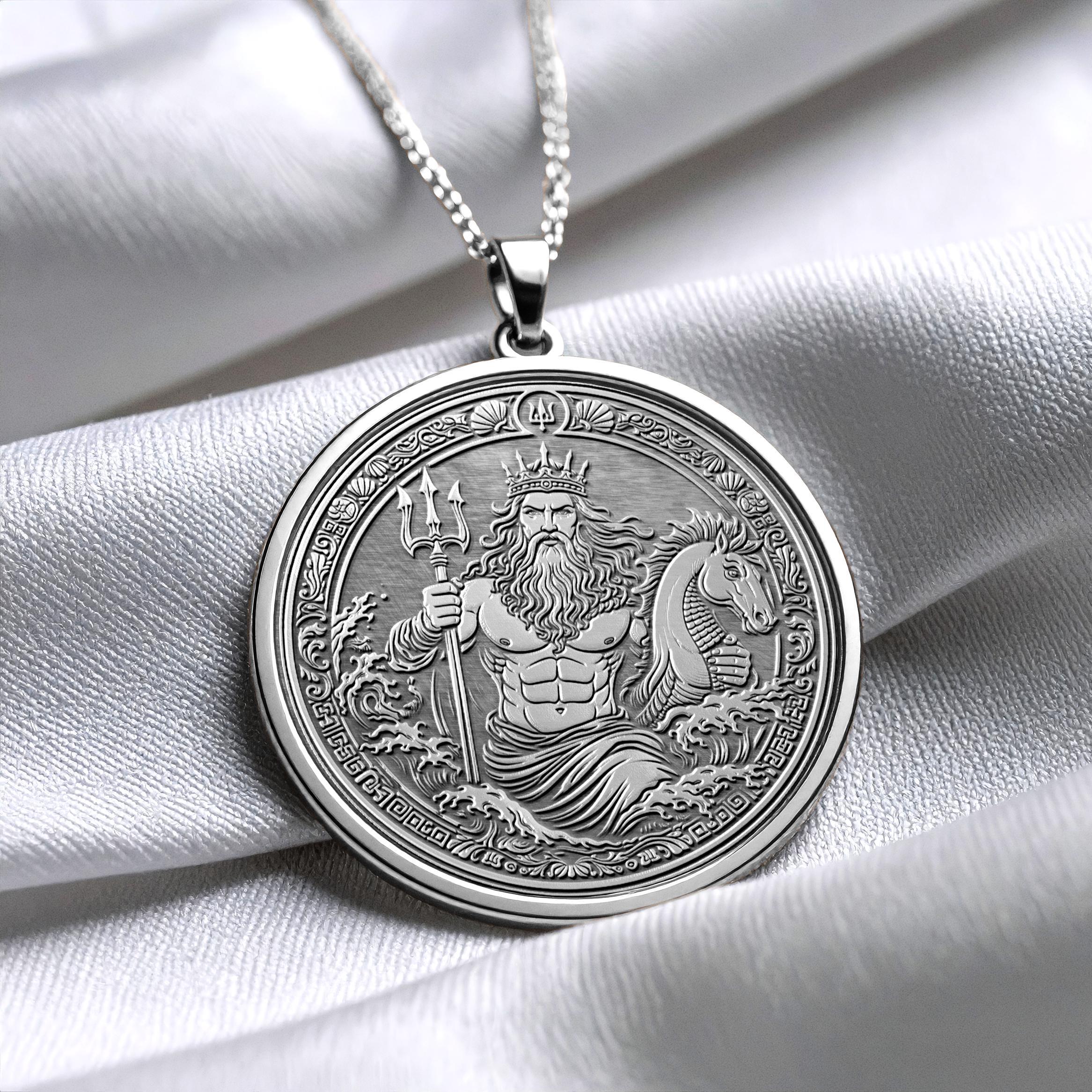 14K Solid Gold Poseidon Medallion Necklace: Greek God Ocean Talisman -59