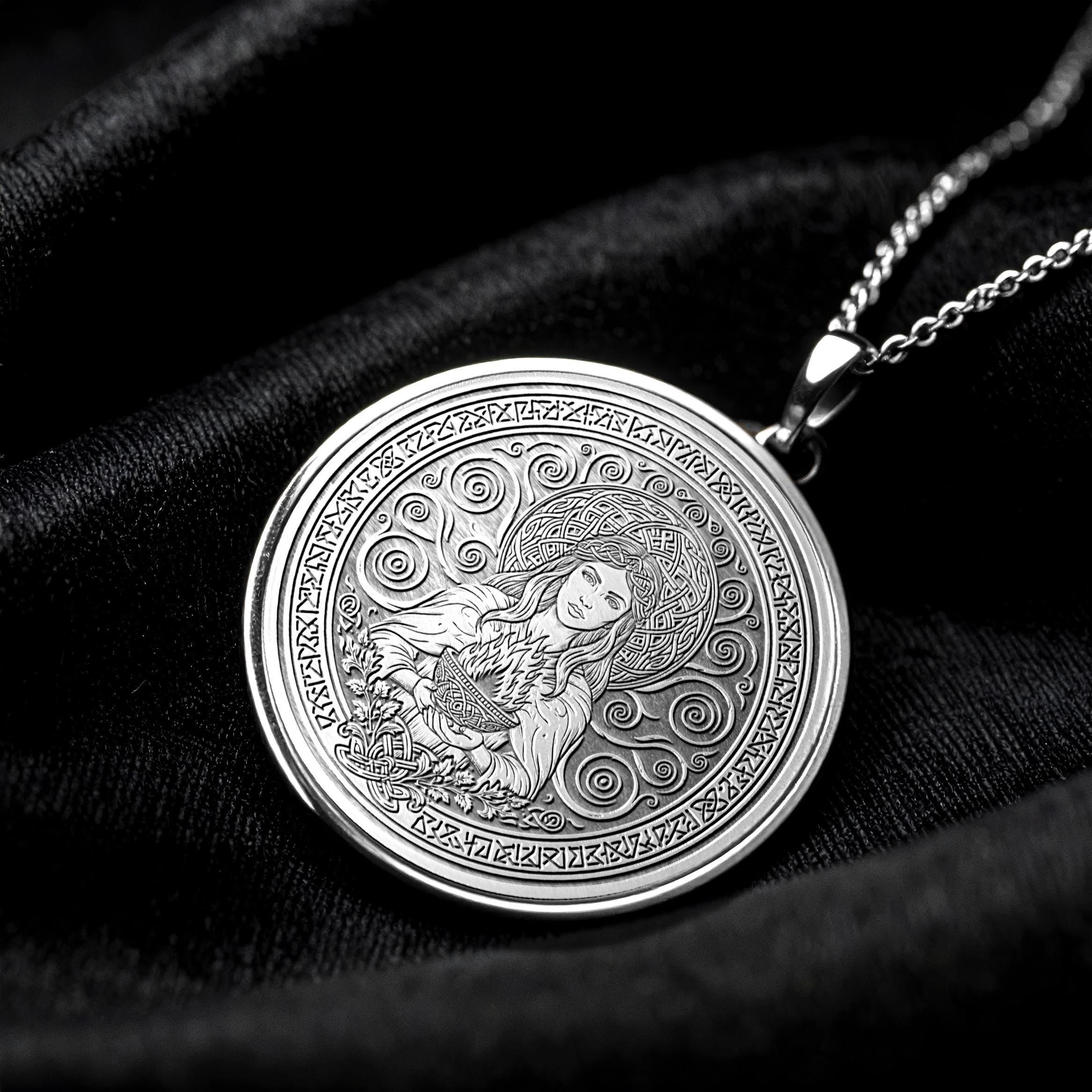 Celtic Goddess Brighid Necklace , Inspiration and Healing Medallion , Sacred Fire Pendant -289